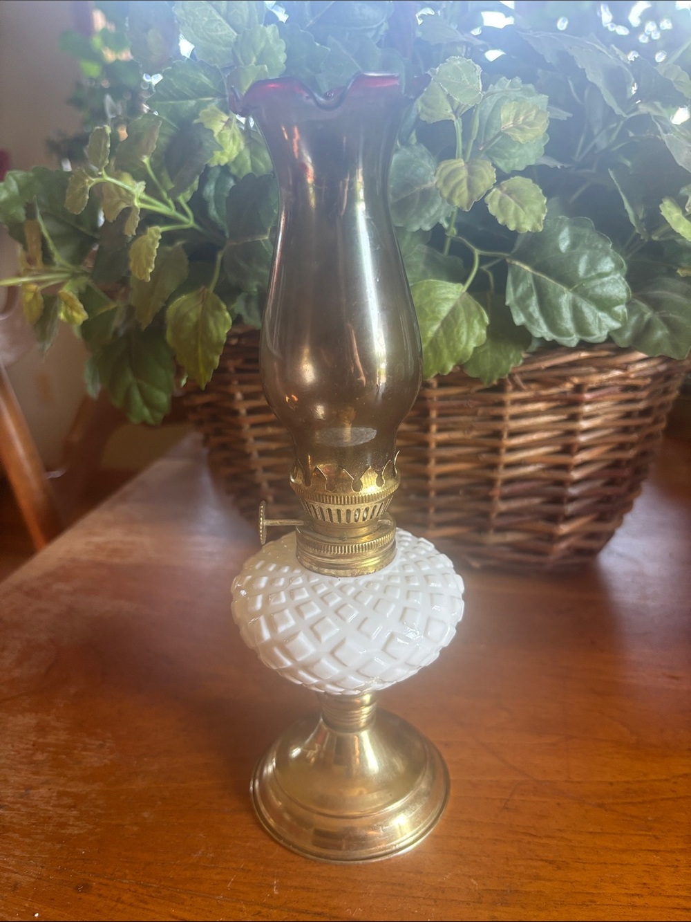 Vintage diamond design milk glass with brass tone base hurricane mini oil lamp